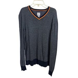 JCP Cashmere Blend High V-Neck Navy Striped Pullover Sweater Size Small Preppy